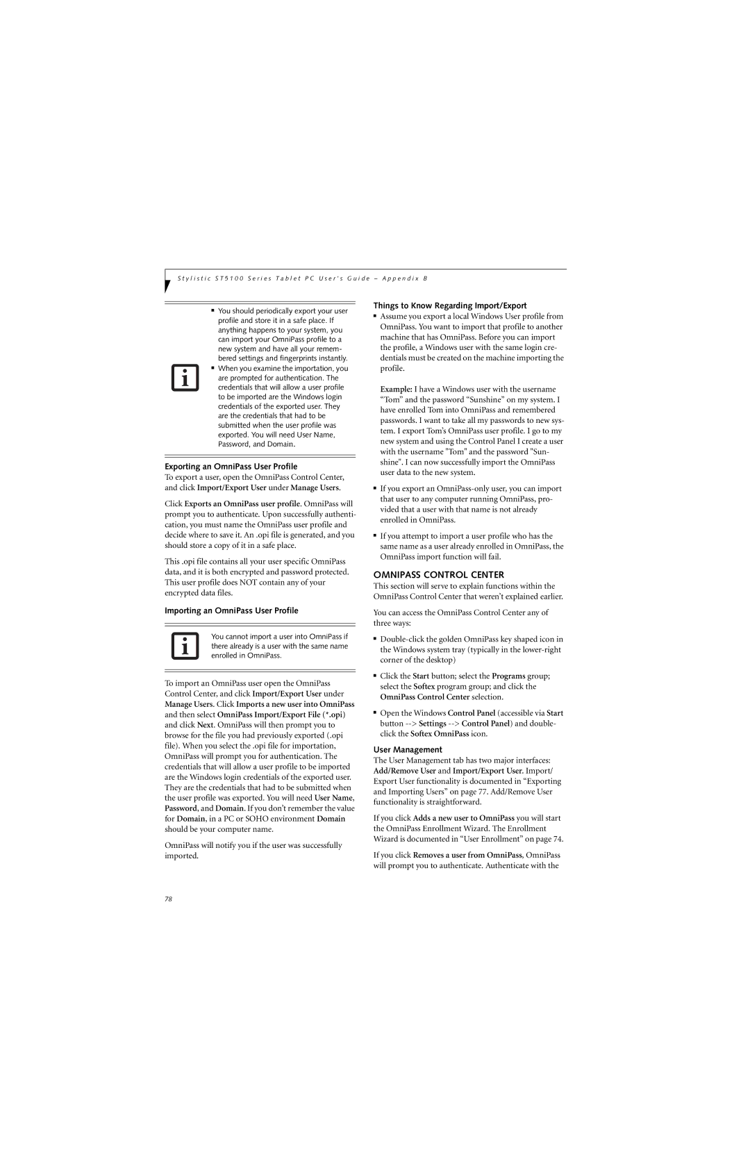 Fujitsu ST5112, ST5111 Omnipass Control Center, Exporting an OmniPass User Profile, Importing an OmniPass User Profile 