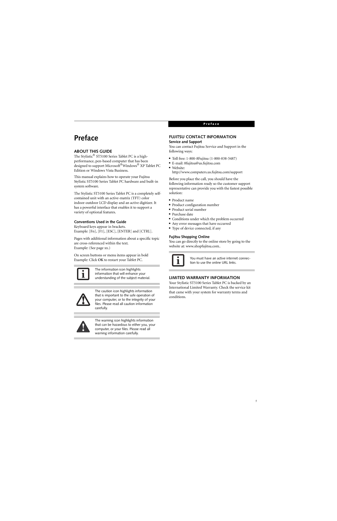 Fujitsu ST5111, ST5112 manual Preface, About this Guide, Fujitsu Contact Information, Limited Warranty Information 