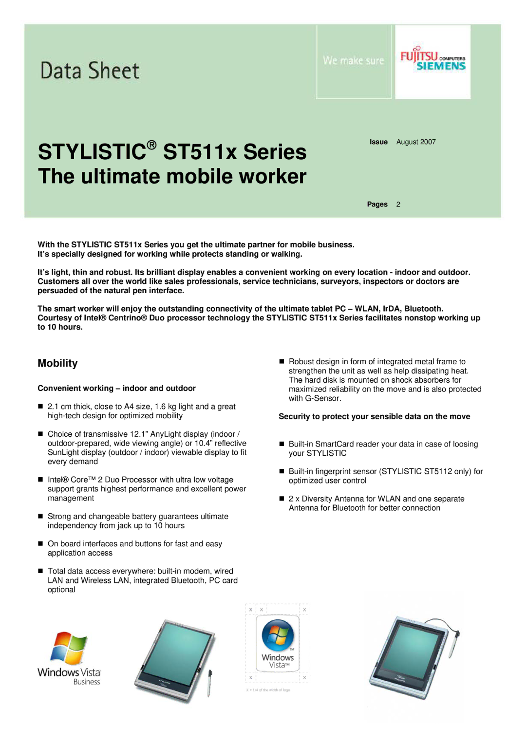 Fujitsu ST511x manual Convenient working indoor and outdoor, Security to protect your sensible data on the move 