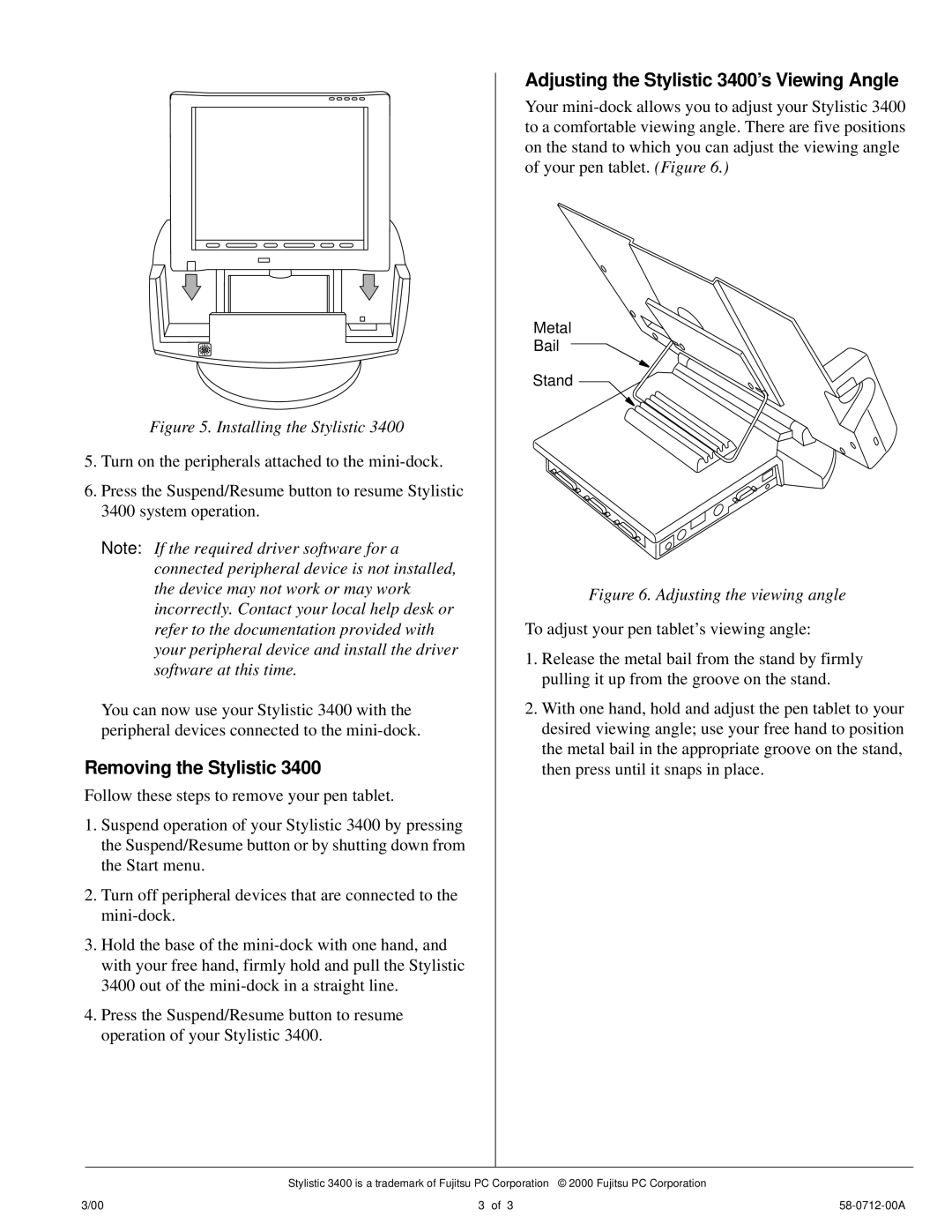 Fujitsu manual Removing the Stylistic, Adjusting the Stylistic 3400’s Viewing Angle 