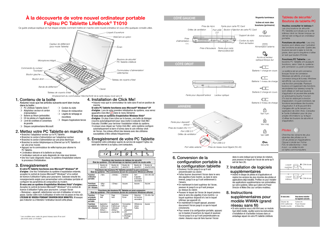 Fujitsu T1010 manual Contenu de la boîte Installation de Click Me, Mettez votre PC Tablette en marche, Enregistrement 