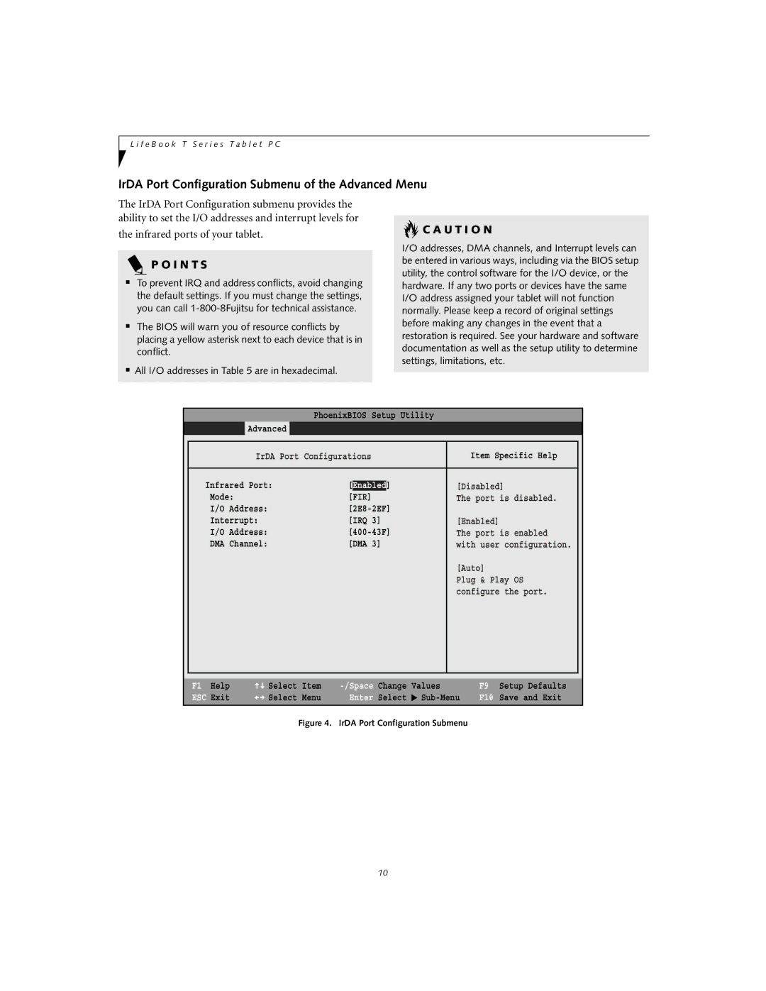 Fujitsu T3010D manual IrDA Port Configuration Submenu of the Advanced Menu, Fir 