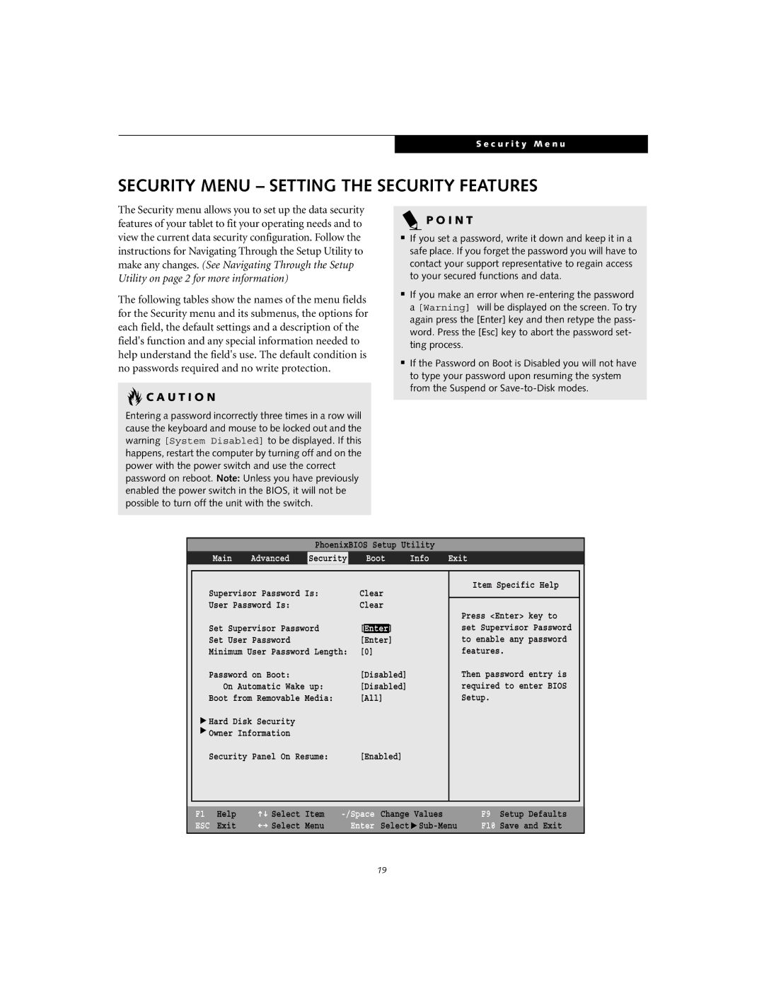 Fujitsu T3010D manual Security Menu Setting the Security Features, Boot Info Exit 