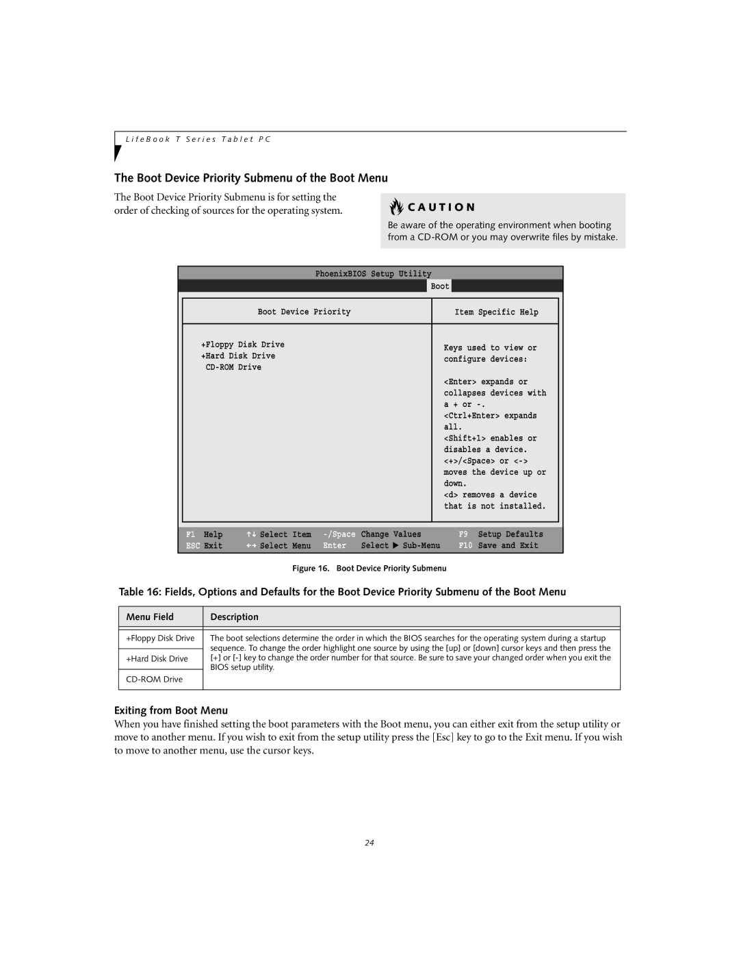 Fujitsu T3010D manual Boot Device Priority Submenu of the Boot Menu, Exiting from Boot Menu 