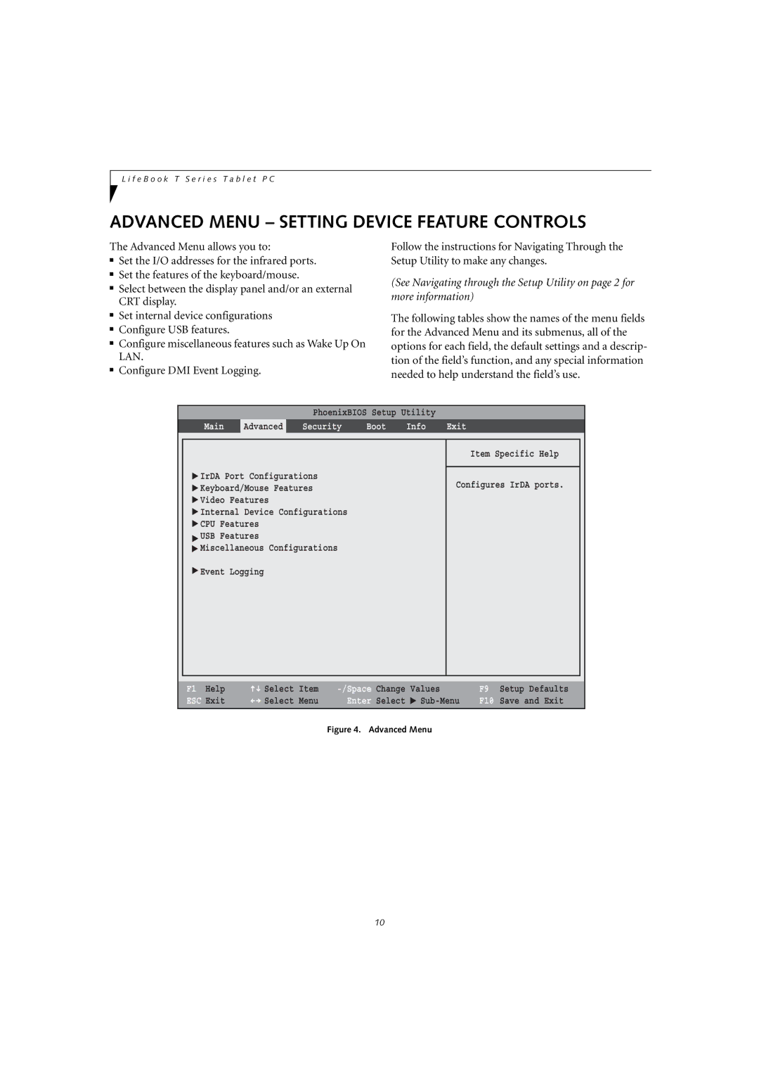 Fujitsu T4010D manual Advanced Menu Setting Device Feature Controls 