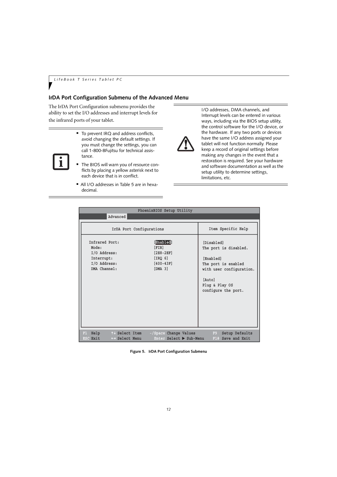 Fujitsu T4010D manual IrDA Port Configuration Submenu of the Advanced Menu, Fir 