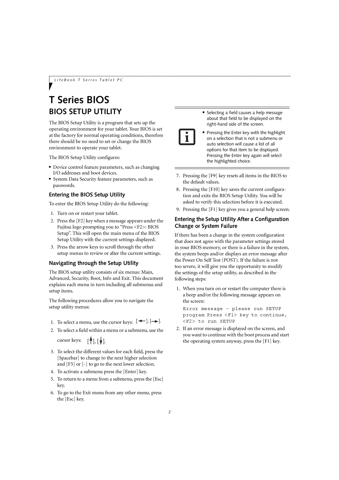 Fujitsu T4010D manual Entering the Bios Setup Utility, Navigating through the Setup Utility 