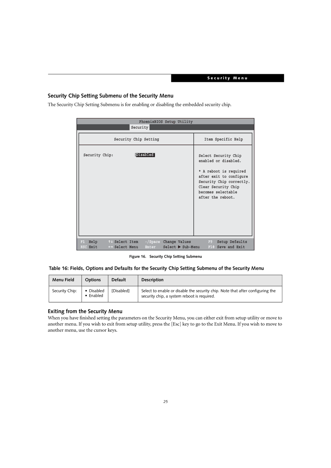 Fujitsu T4010D manual Security Chip Setting Submenu of the Security Menu, Exiting from the Security Menu 