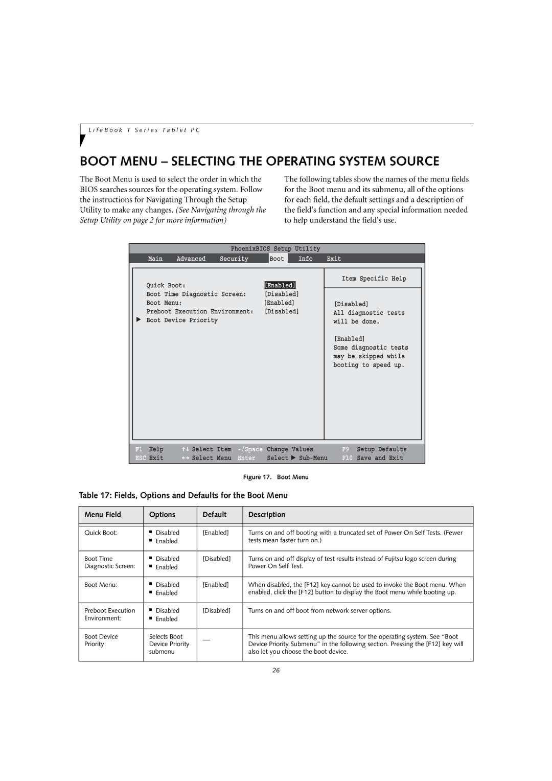 Fujitsu T4010D manual Boot Menu Selecting the Operating System Source, Fields, Options and Defaults for the Boot Menu 