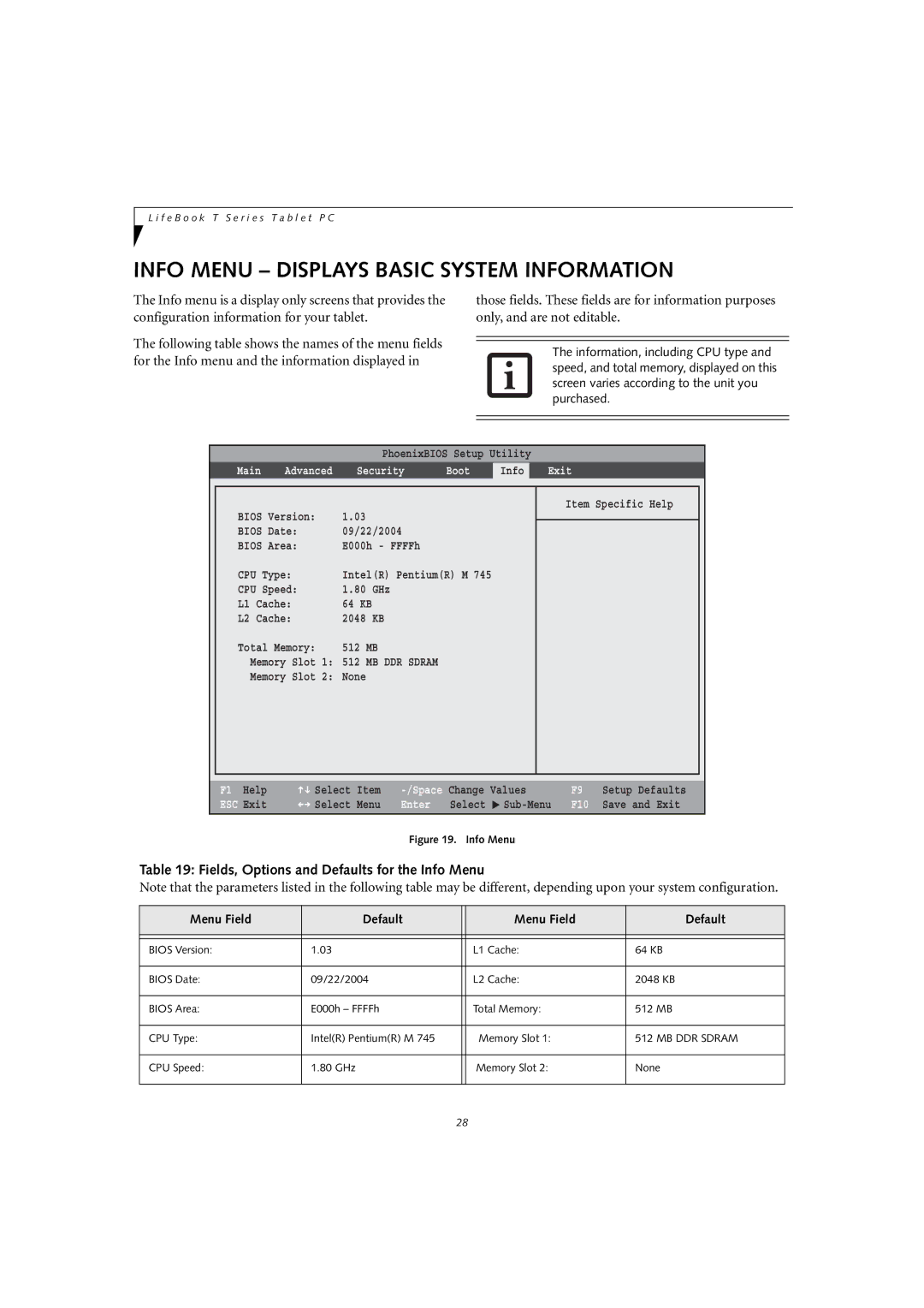 Fujitsu T4010D manual Info Menu Displays Basic System Information, Fields, Options and Defaults for the Info Menu 