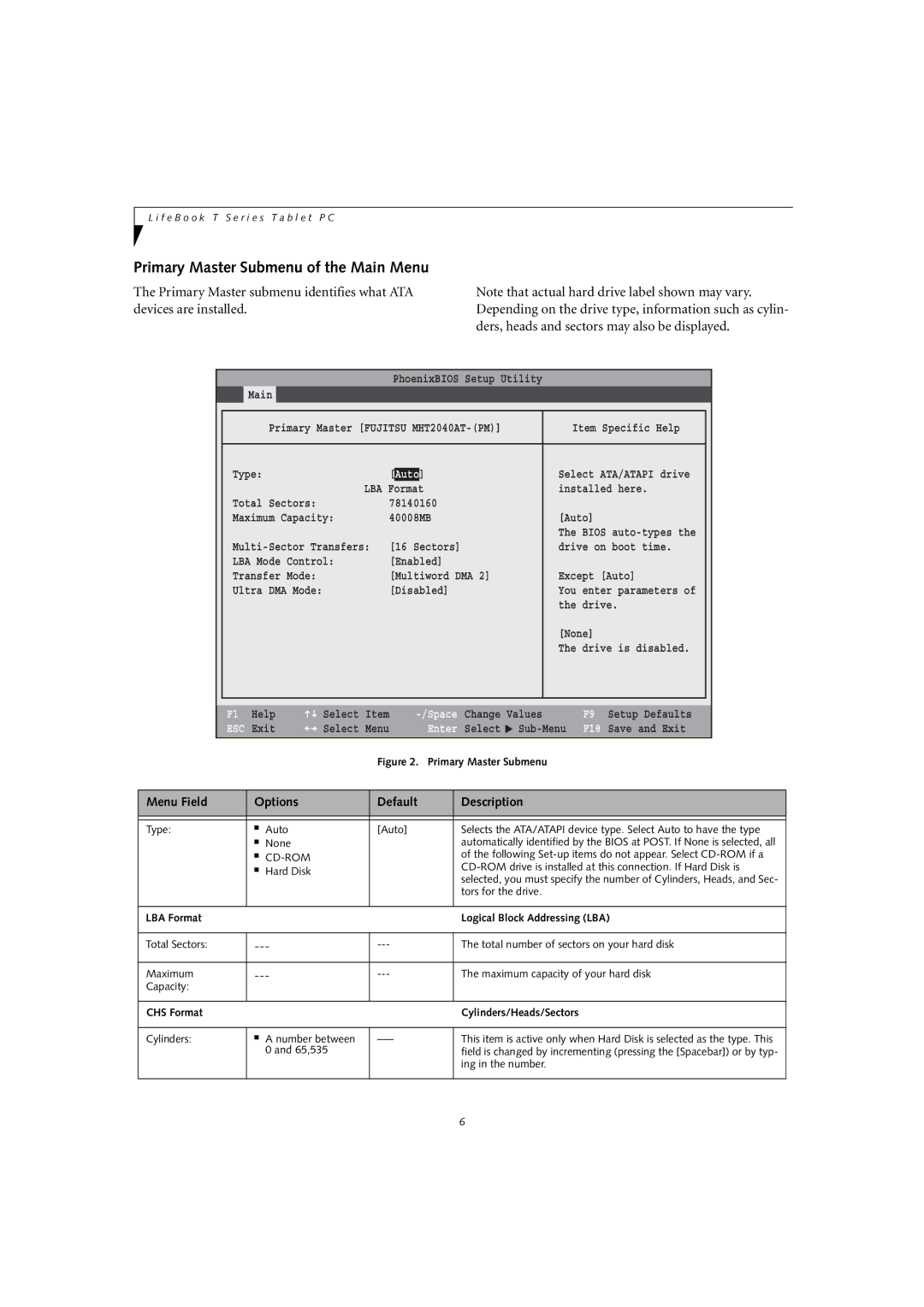 Fujitsu T4010D manual Primary Master Submenu of the Main Menu, Auto 