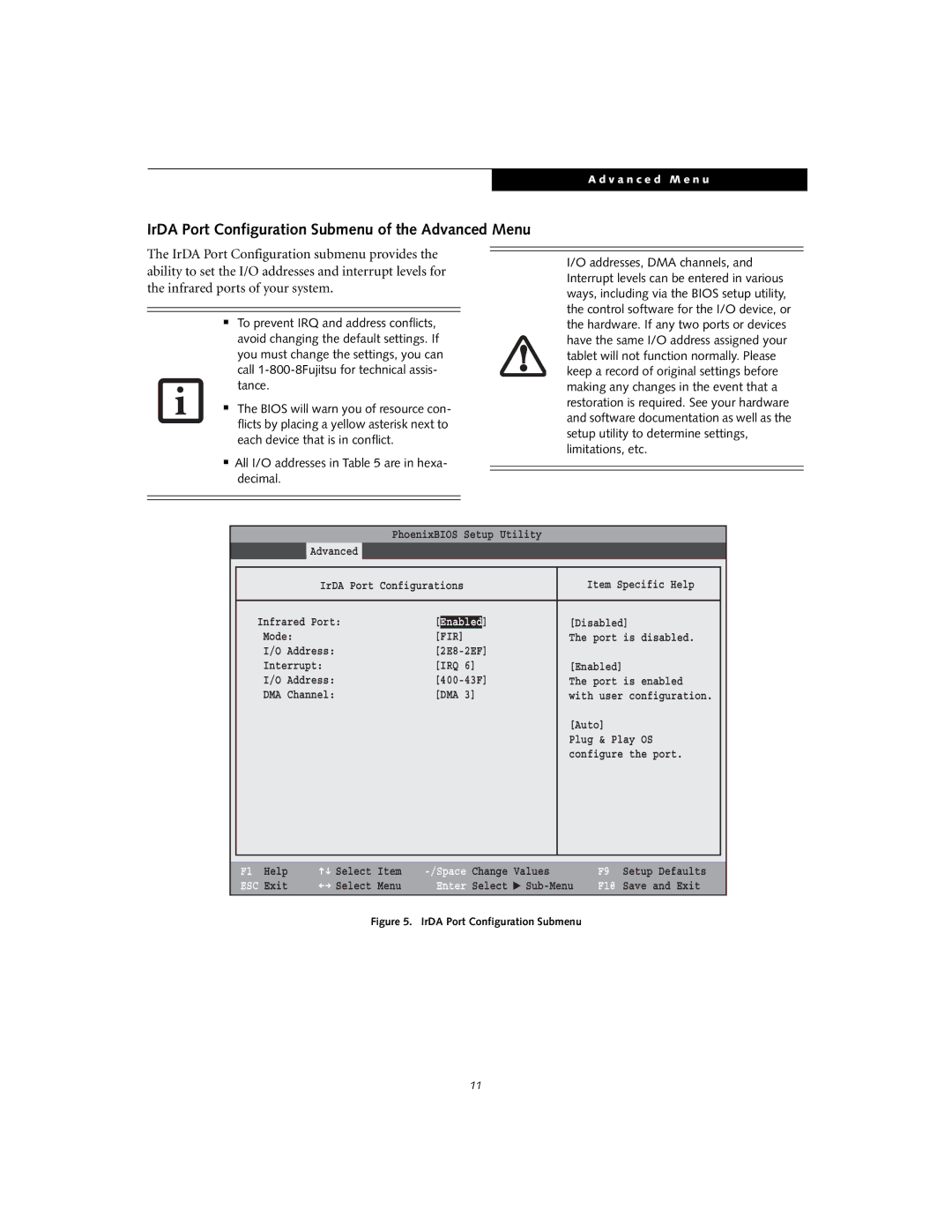 Fujitsu T4020D manual IrDA Port Configuration Submenu of the Advanced Menu, Fir 