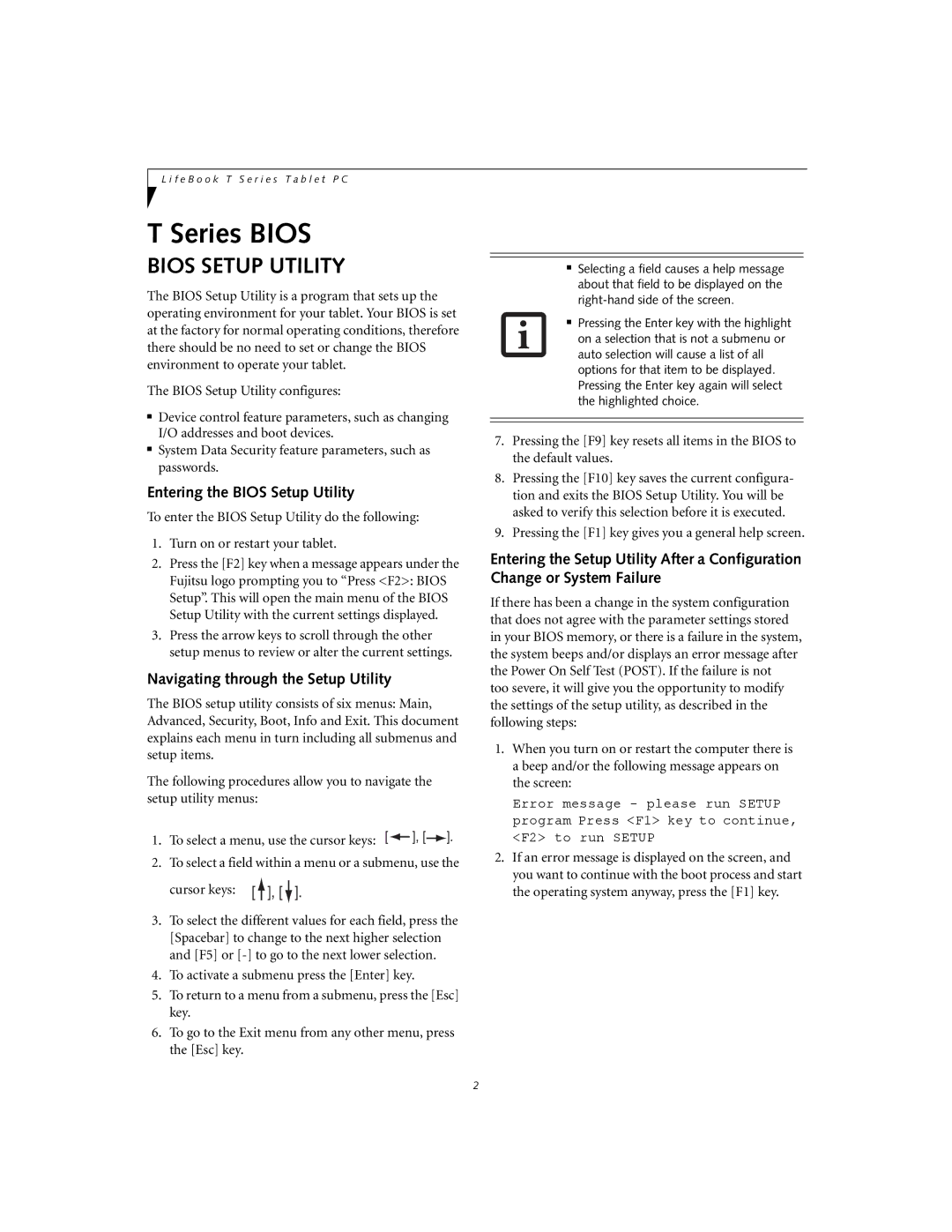 Fujitsu T4020D manual Entering the Bios Setup Utility, Navigating through the Setup Utility 