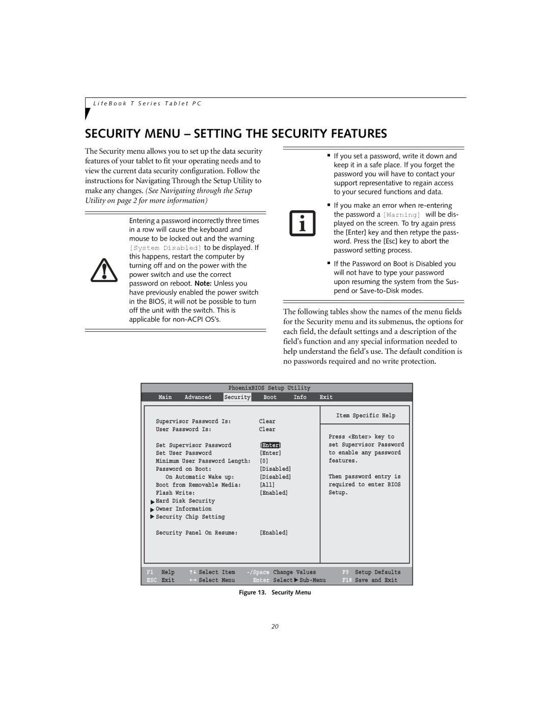 Fujitsu T4020D manual Security Menu Setting the Security Features, Boot Info Exit 