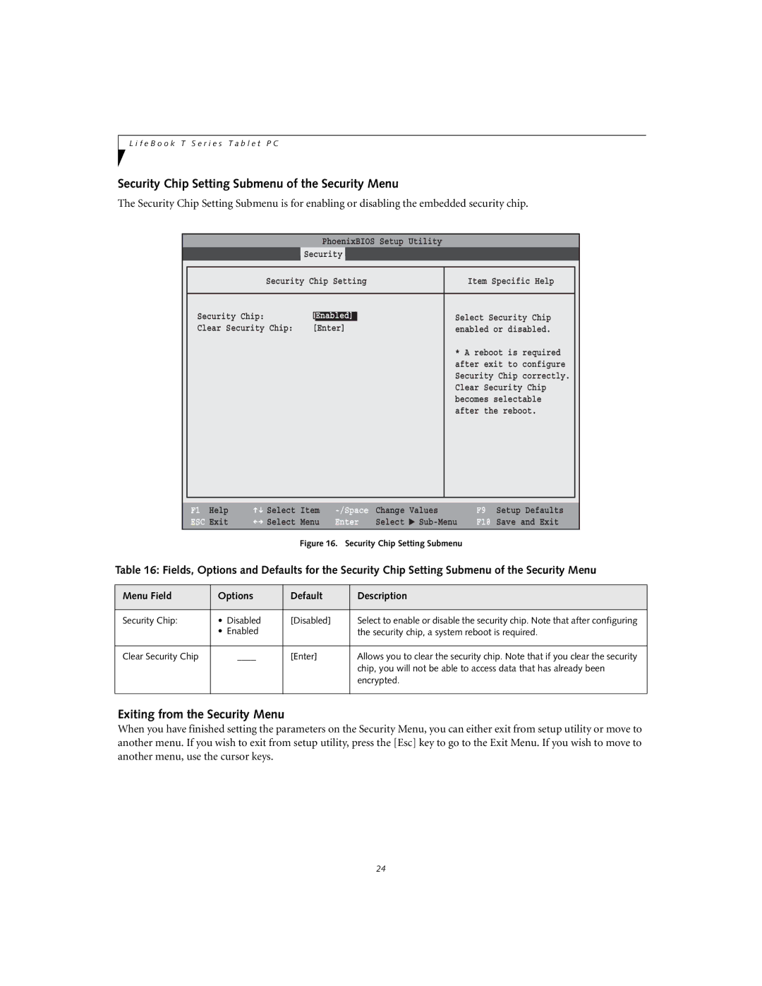 Fujitsu T4020D manual Security Chip Setting Submenu of the Security Menu, Exiting from the Security Menu 