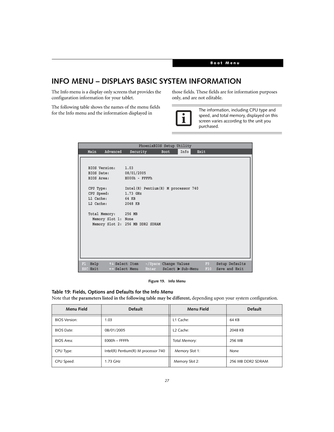 Fujitsu T4020D manual Info Menu Displays Basic System Information, Fields, Options and Defaults for the Info Menu 