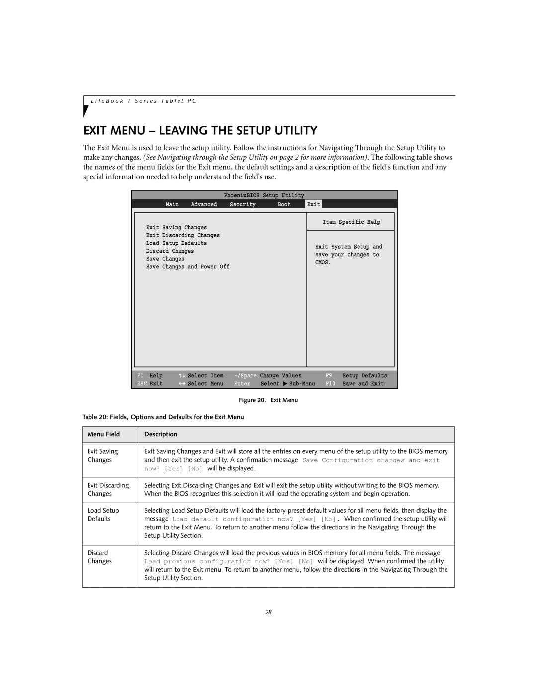 Fujitsu T4020D manual Exit Menu Leaving the Setup Utility, Main Advanced Security Boot Exit 