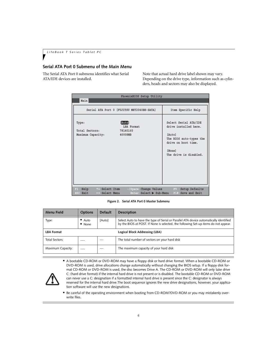 Fujitsu T4020D manual Serial ATA Port 0 Submenu of the Main Menu, Auto 