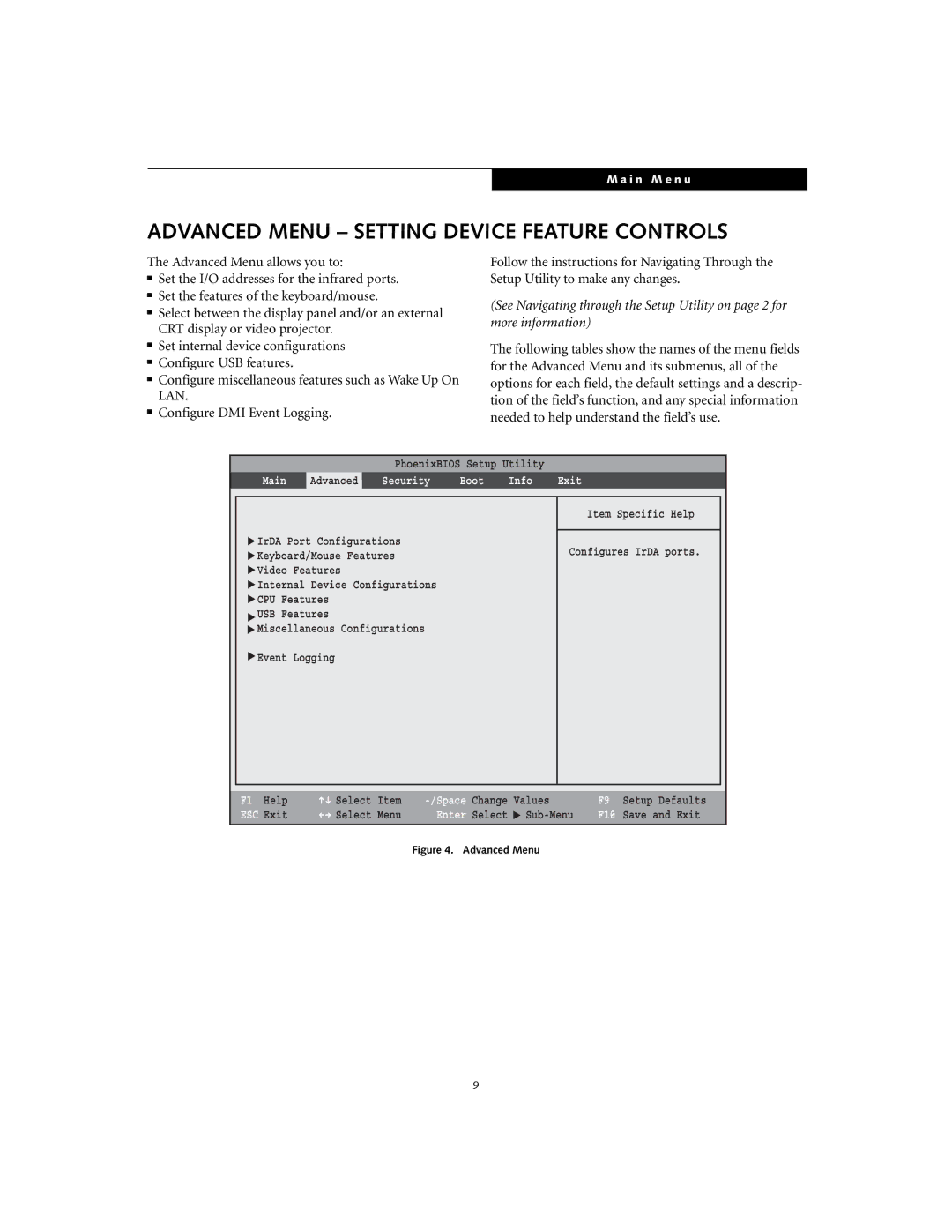 Fujitsu T4020D manual Advanced Menu Setting Device Feature Controls 