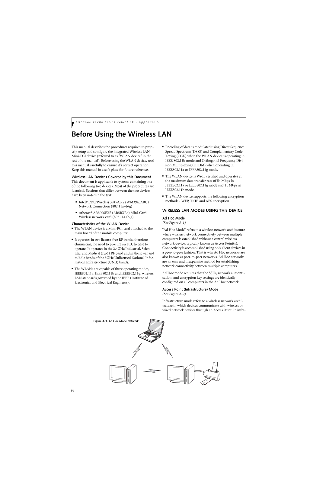 Fujitsu T4210, T4215 manual Before Using the Wireless LAN, Wireless LAN Modes Using this Device 