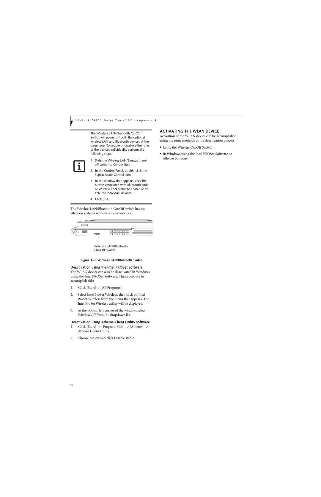 Fujitsu T4210, T4215 manual Activating the Wlan Device, Deactivation using the Intel PROSet Software 