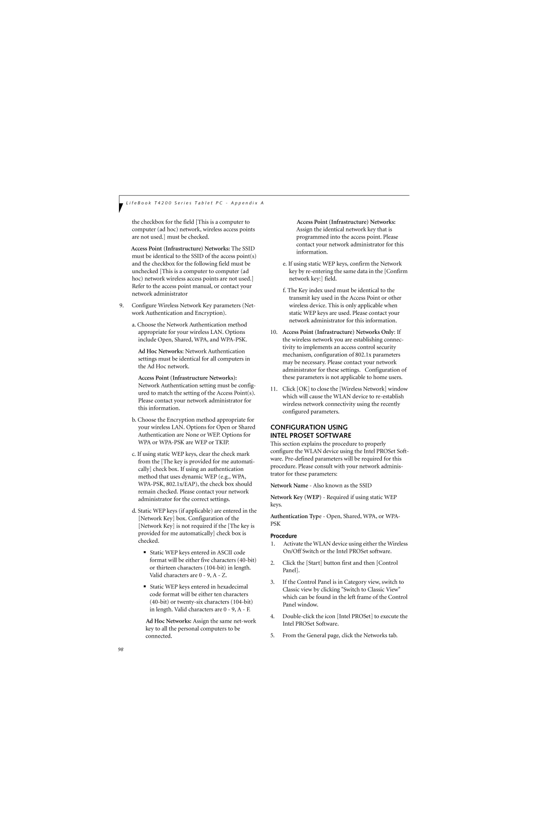 Fujitsu T4210, T4215 manual Configuration Using Intel Proset Software 