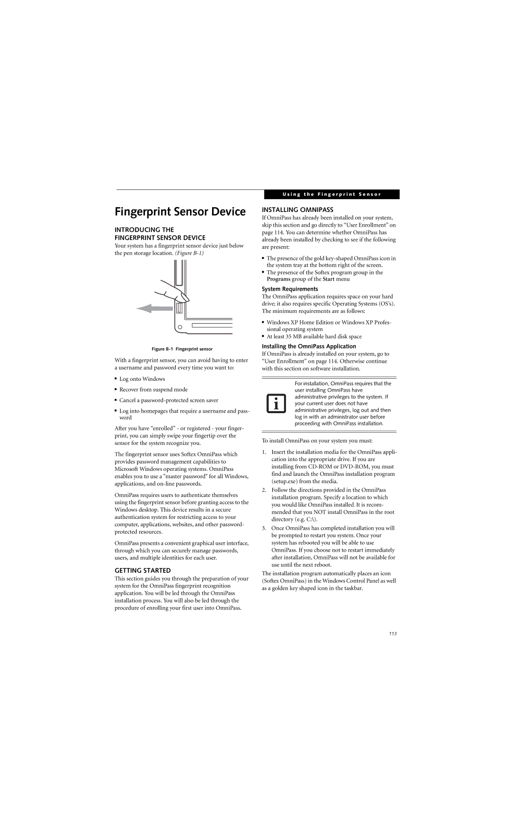 Fujitsu T4215, T4210 manual Introducing Fingerprint Sensor Device, Getting Started, Installing Omnipass, System Requirements 