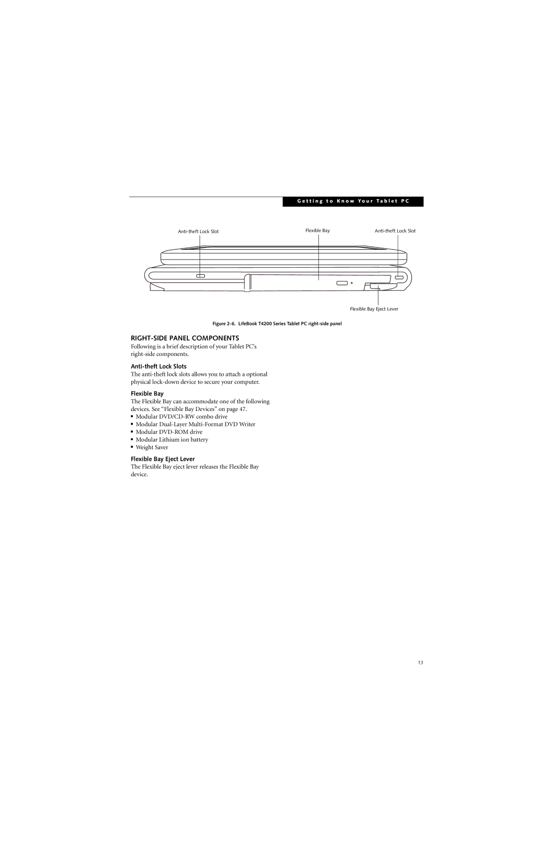 Fujitsu T4215, T4210 manual RIGHT-SIDE Panel Components, Anti-theft Lock Slots, Flexible Bay Eject Lever 