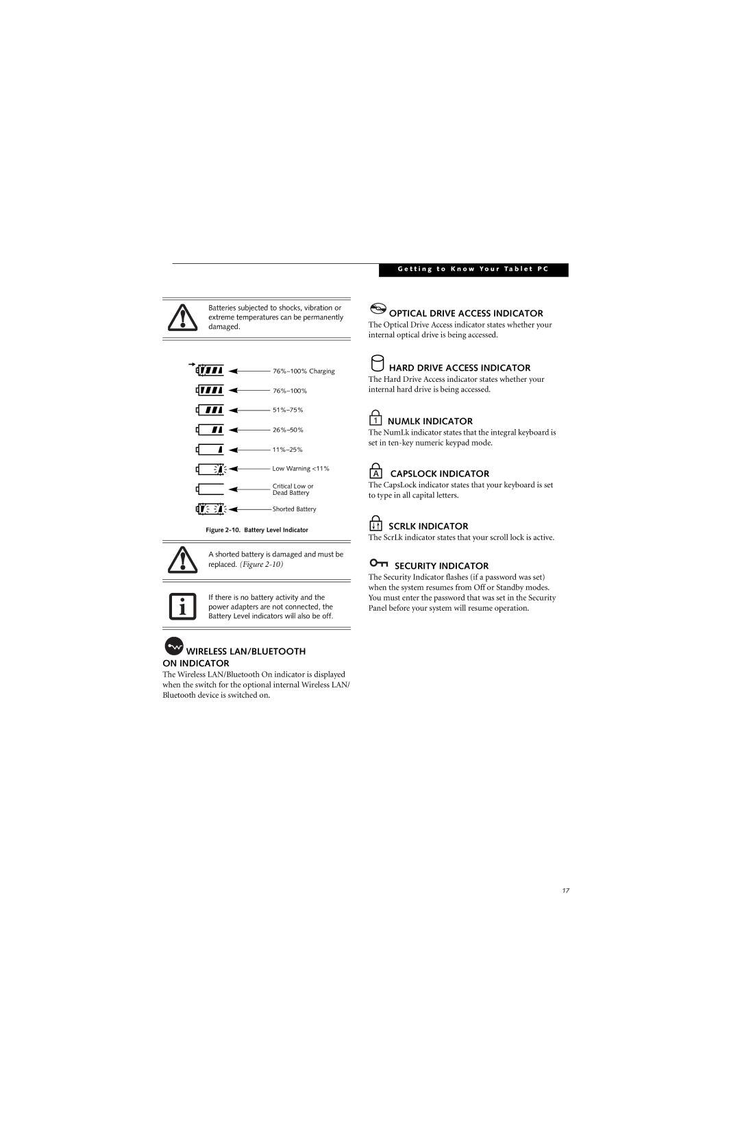 Fujitsu T4215, T4210 manual Wireless LAN/BLUETOOTH on Indicator, Optical Drive Access Indicator, Hard Drive Access Indicator 