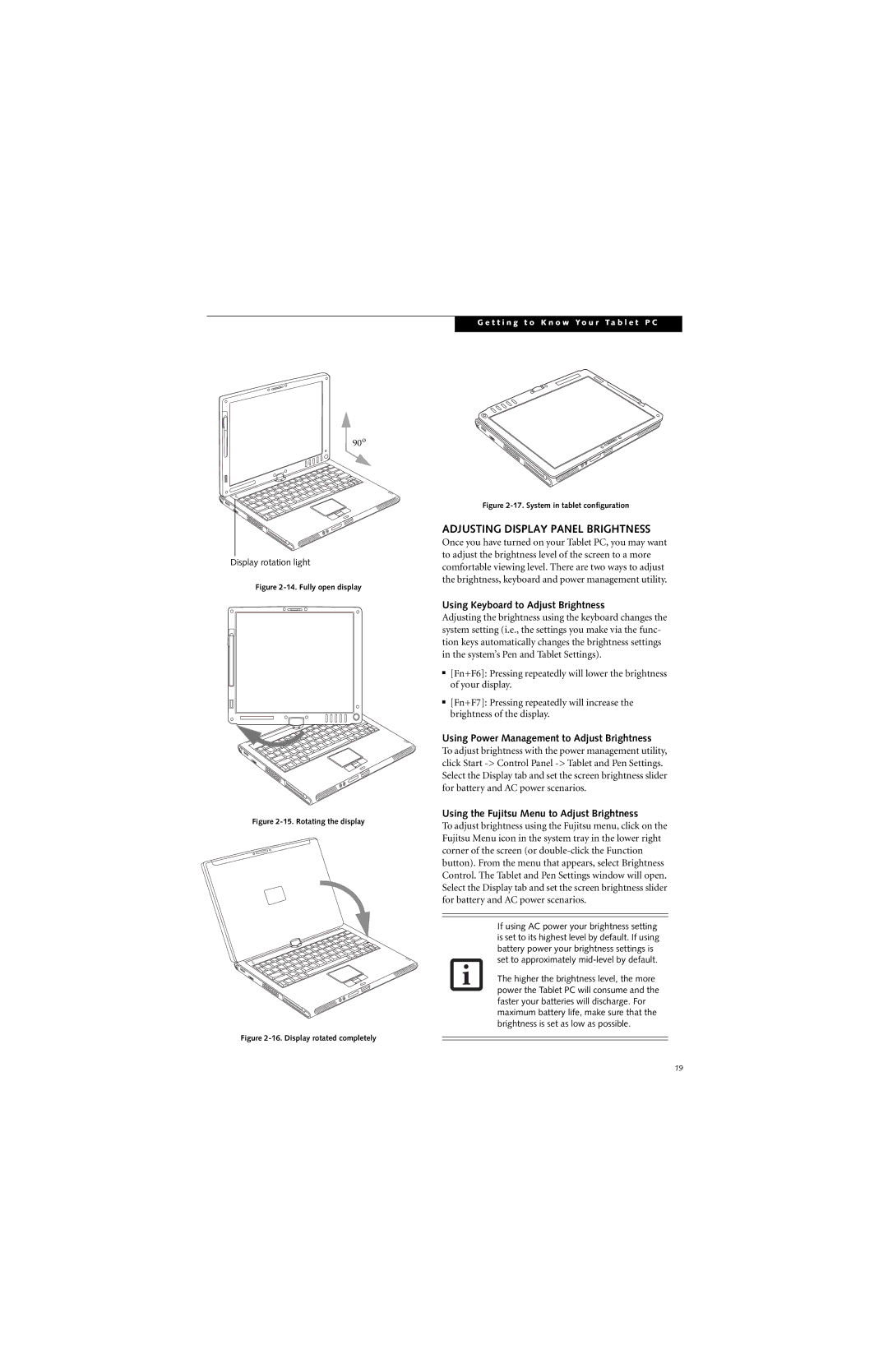 Fujitsu T4215, T4210 manual Adjusting Display Panel Brightness, Using Keyboard to Adjust Brightness 