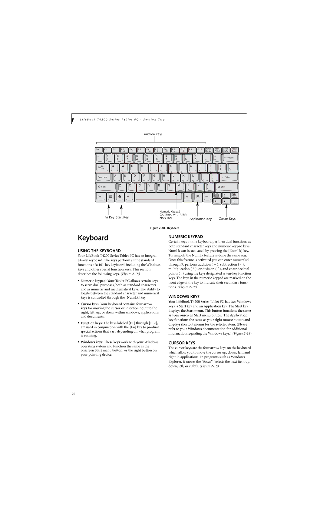 Fujitsu T4210, T4215 manual Using the Keyboard, Numeric Keypad, Windows Keys, Cursor Keys 