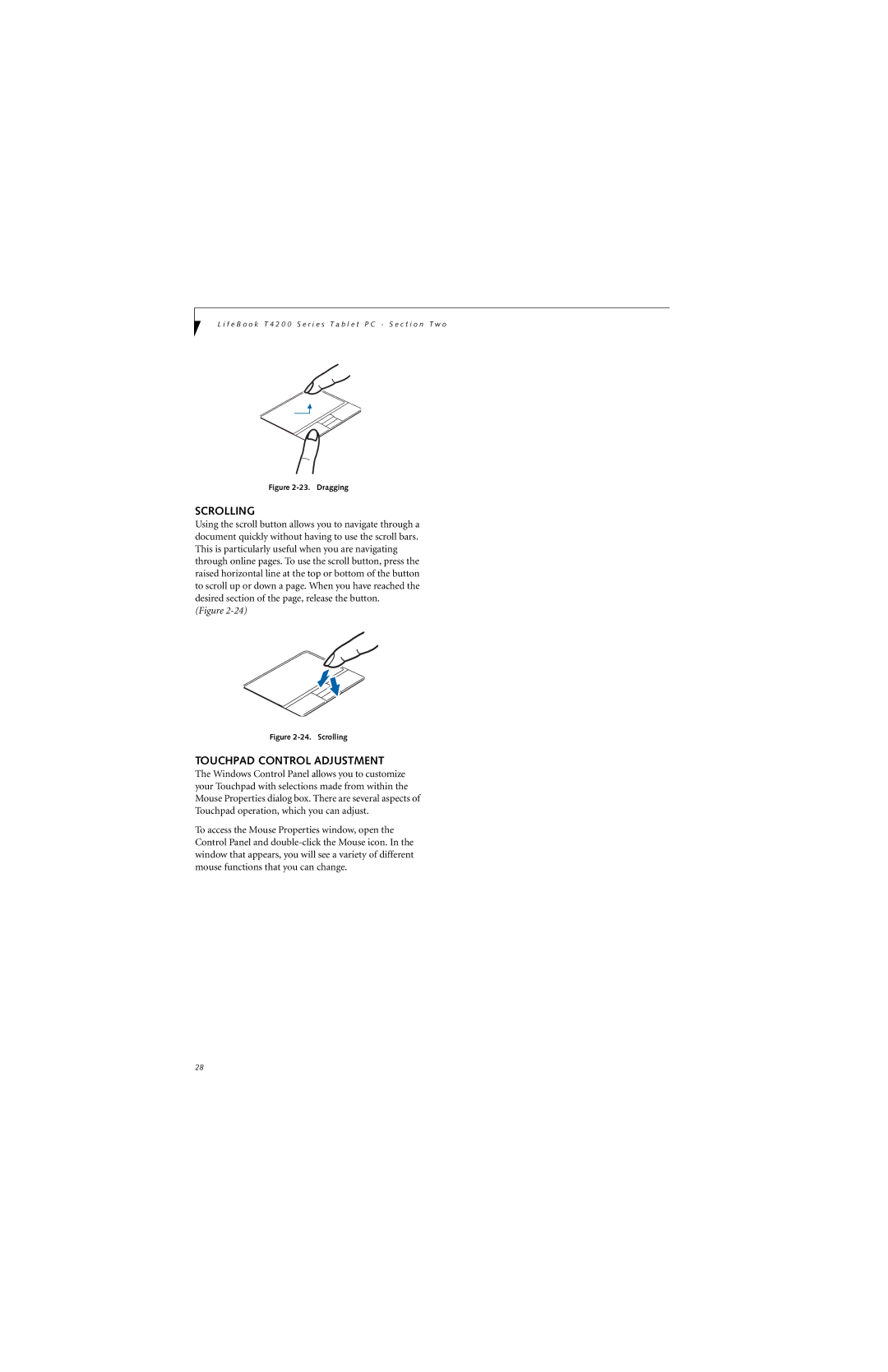 Fujitsu T4210, T4215 manual Scrolling, Touchpad Control Adjustment 