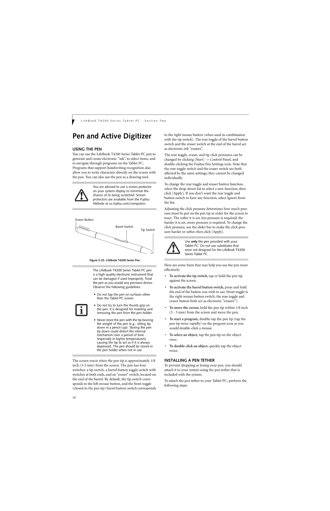 Fujitsu T4210, T4215 manual Pen and Active Digitizer, Using the PEN, Installing a PEN Tether 