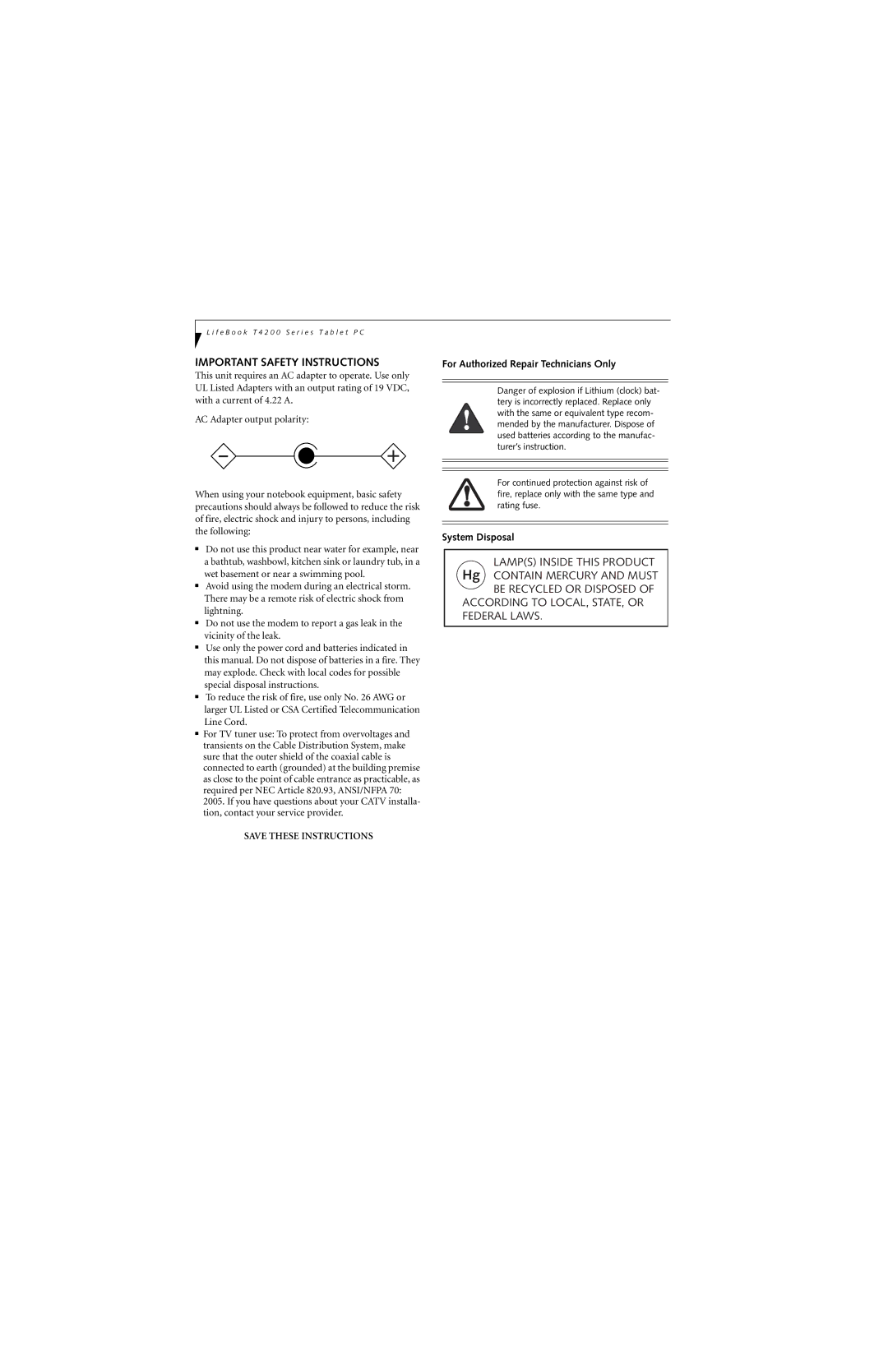 Fujitsu T4210, T4215 manual Important Safety Instructions, For Authorized Repair Technicians Only, System Disposal 