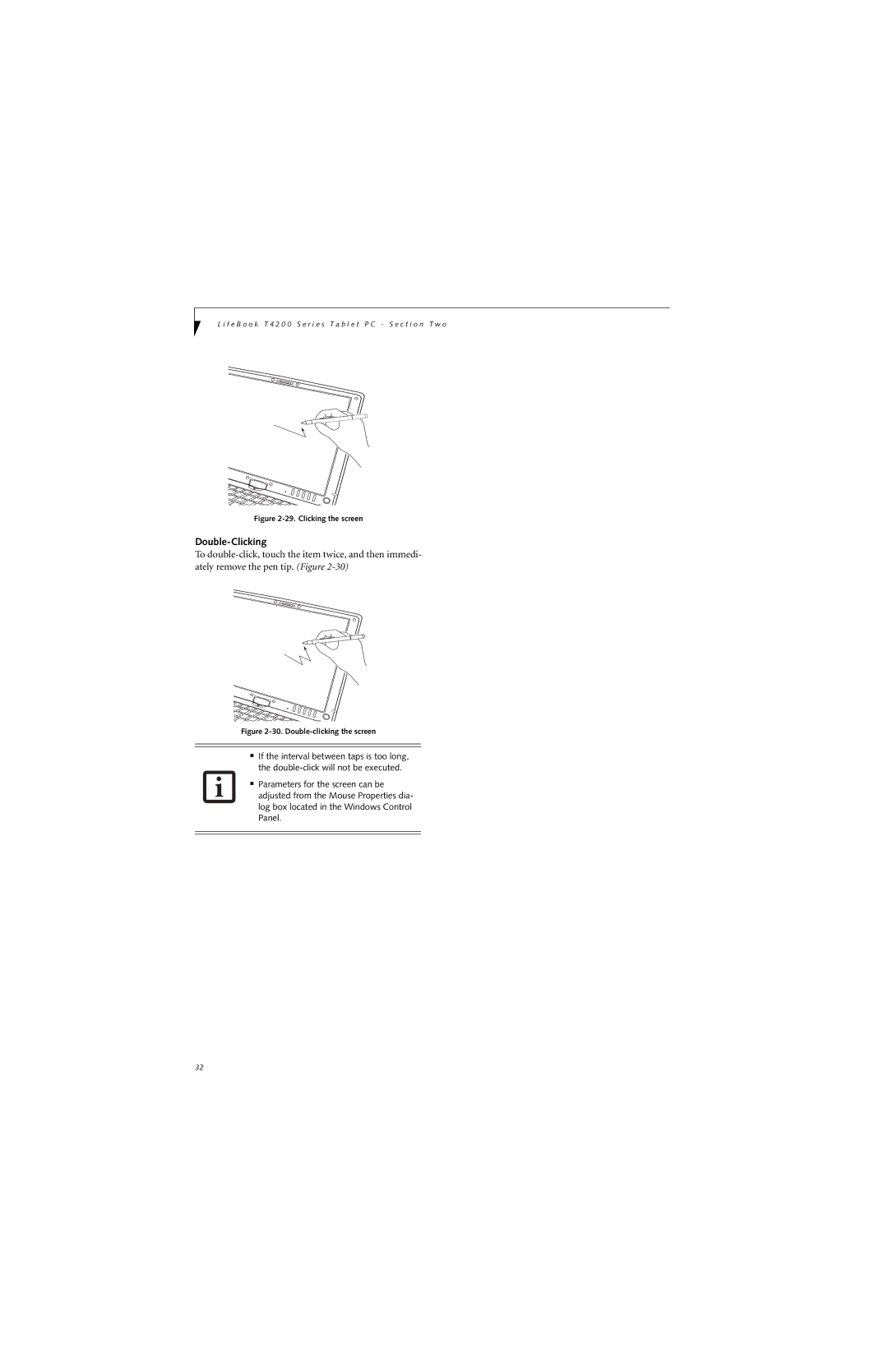 Fujitsu T4210, T4215 manual Double-Clicking, Clicking the screen 