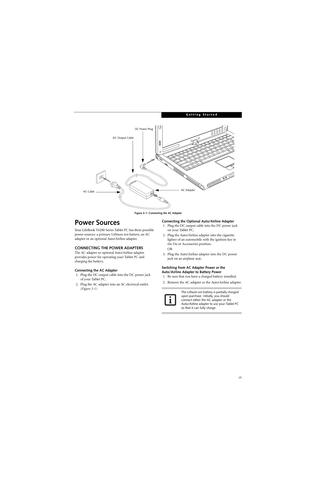 Fujitsu T4215, T4210 manual Power Sources, Connecting the Power Adapters, Connecting the Optional Auto/Airline Adapter 