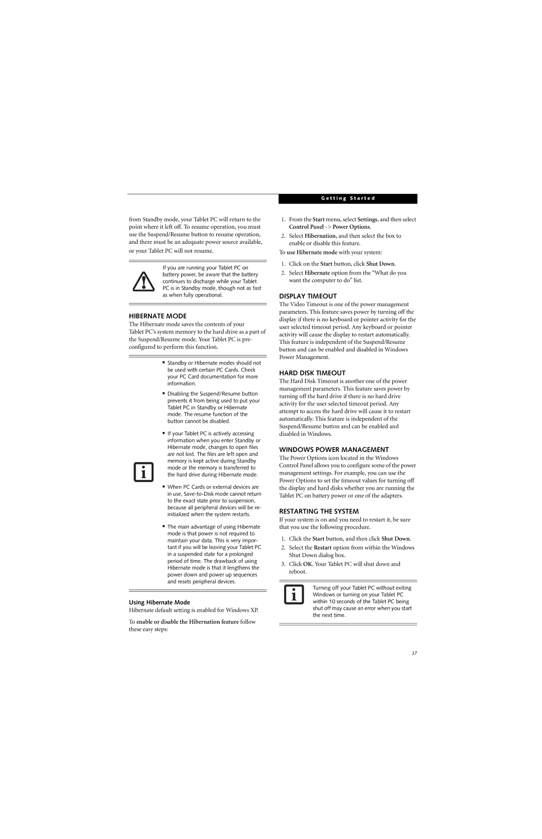 Fujitsu T4215, T4210 Hibernate Mode, Display Timeout, Hard Disk Timeout, Windows Power Management, Restarting the System 