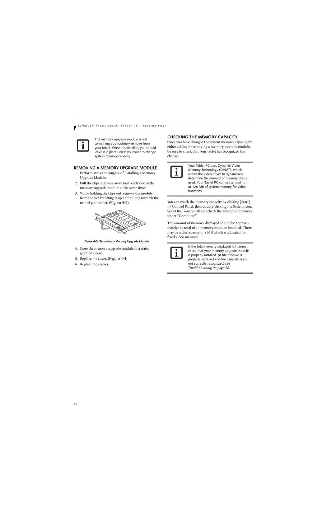 Fujitsu T4210, T4215 manual Removing a Memory Upgrade Module, Checking the Memory Capacity 