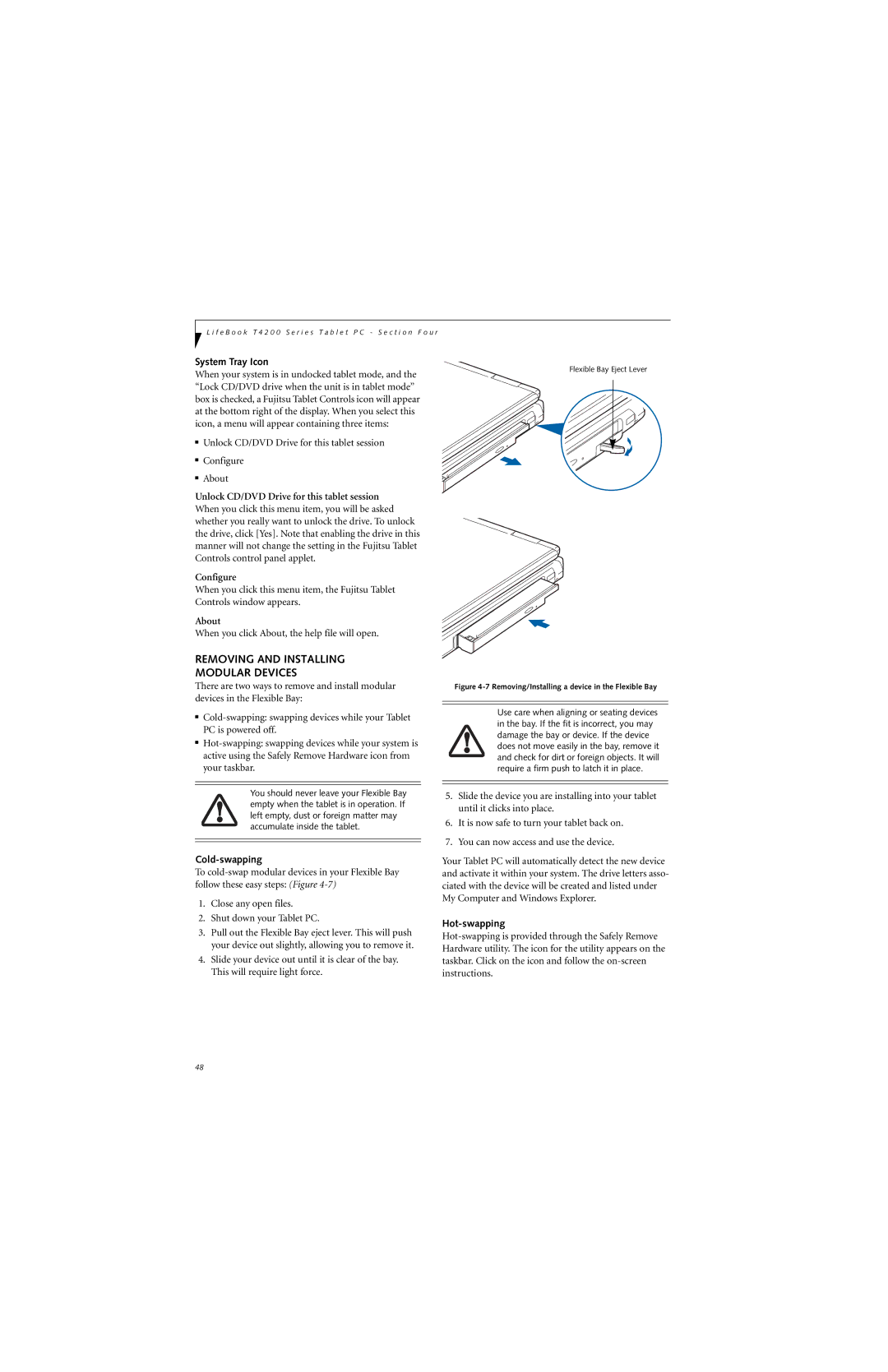 Fujitsu T4210, T4215 manual Removing and Installing Modular Devices, System Tray Icon, Cold-swapping, Hot-swapping 