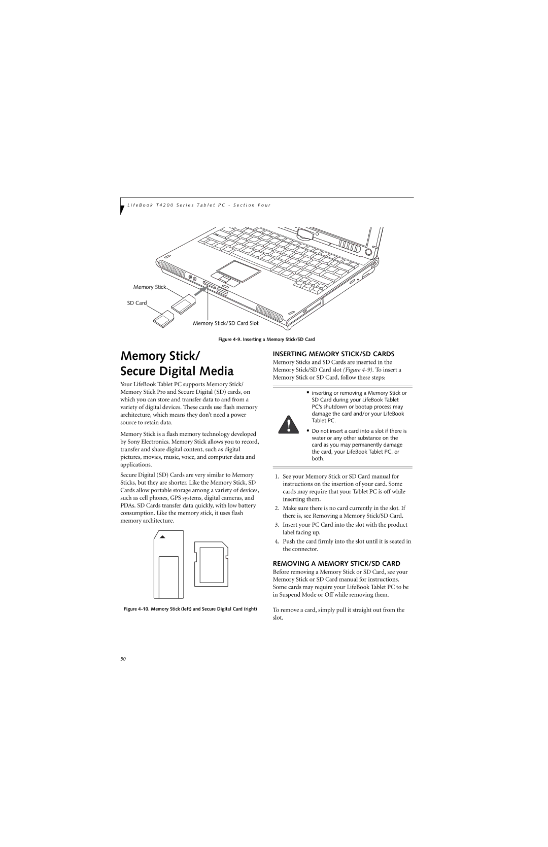 Fujitsu T4210, T4215 manual Inserting Memory STICK/SD Cards, Removing a Memory STICK/SD Card 