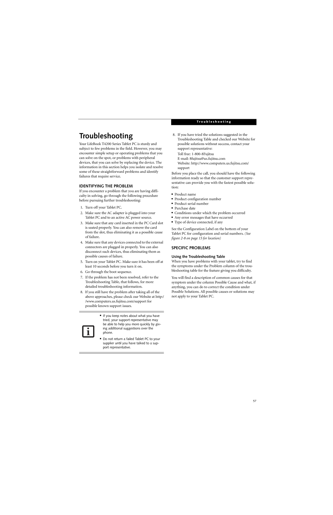 Fujitsu T4215, T4210 manual Identifying the Problem, Specific Problems, Using the Troubleshooting Table 