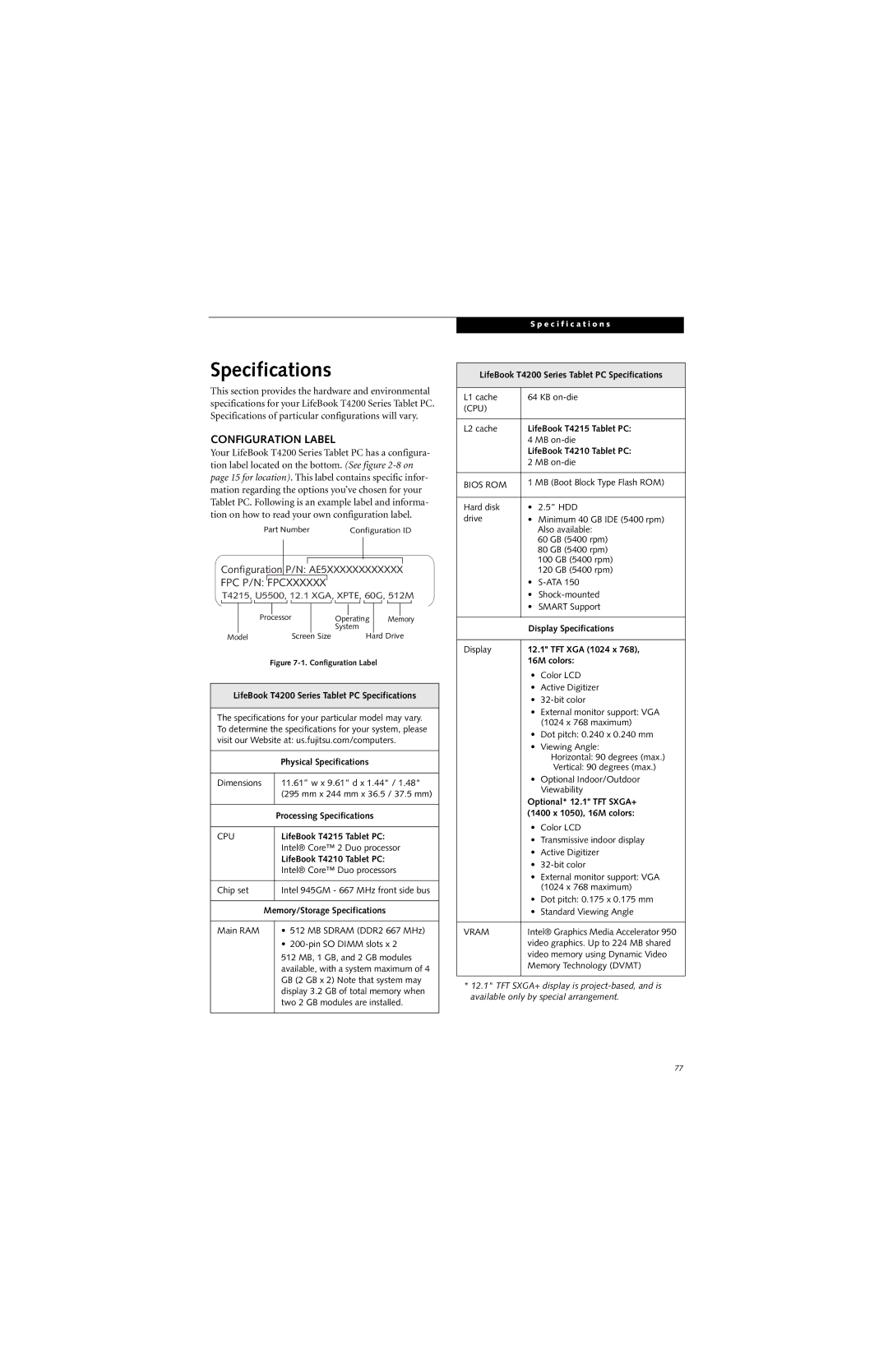 Fujitsu T4215, T4210 manual Specifications, Configuration Label 