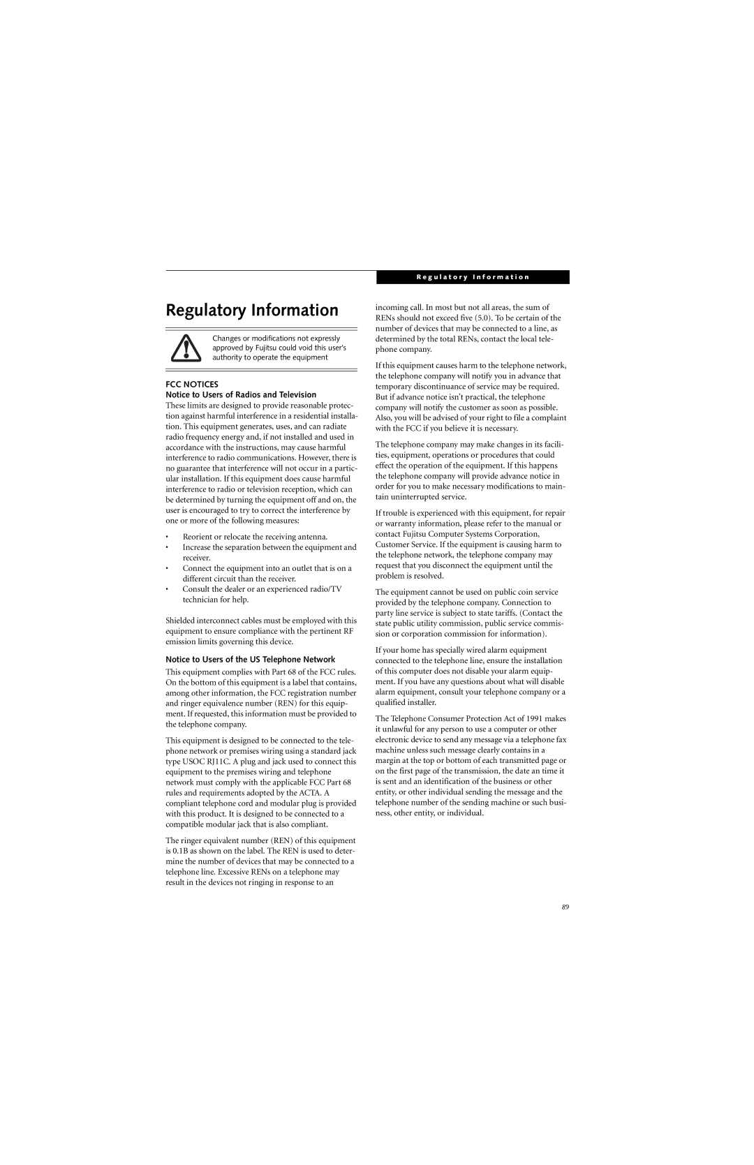 Fujitsu T4215, T4210 manual Regulatory Information, FCC Notices 