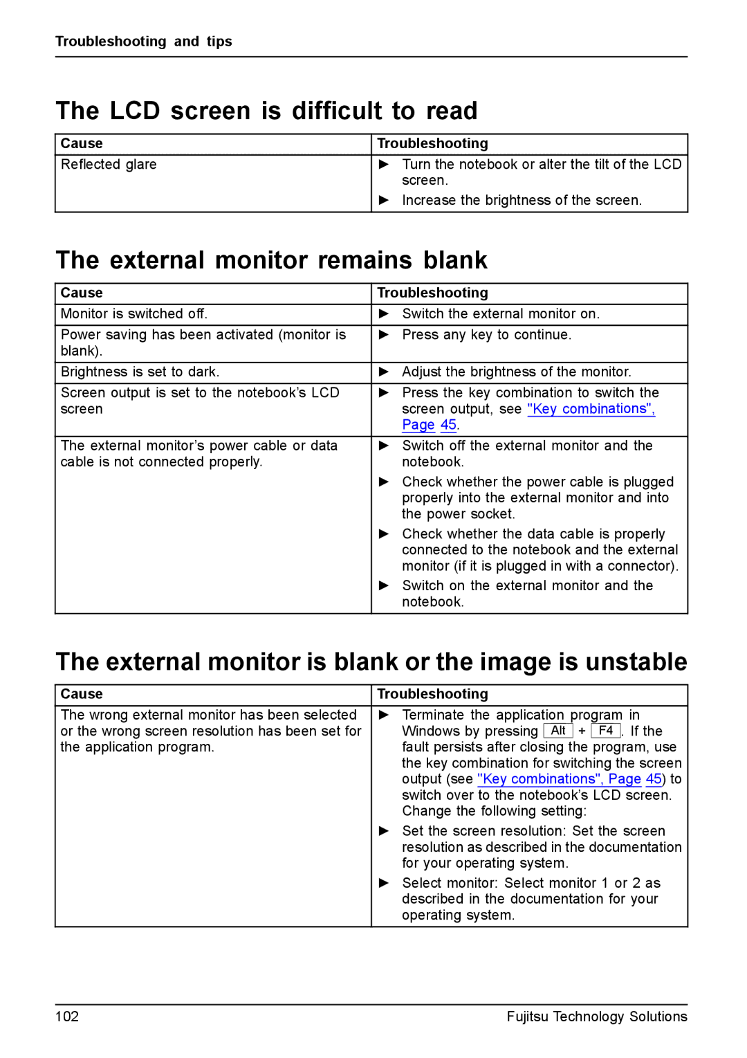 Fujitsu T4410, T4310 manual LCD screen is difﬁcult to read, External monitor remains blank 