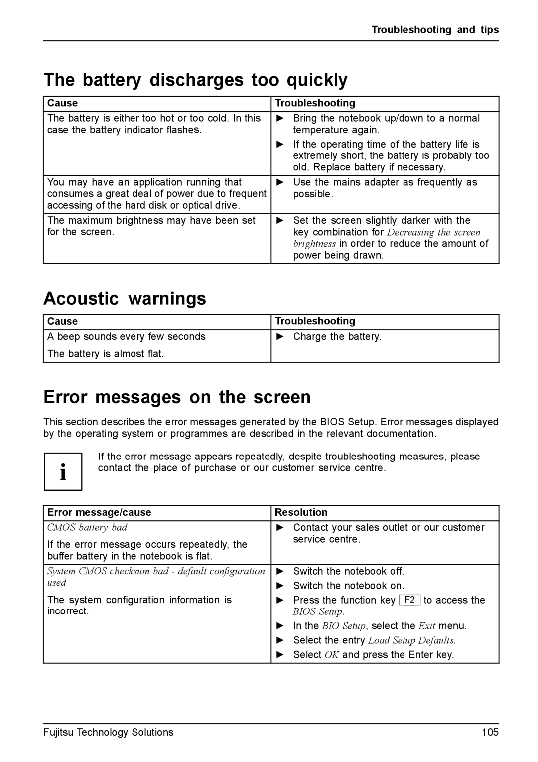 Fujitsu T4310, T4410 manual Battery discharges too quickly, Acoustic warnings, Error messages on the screen 