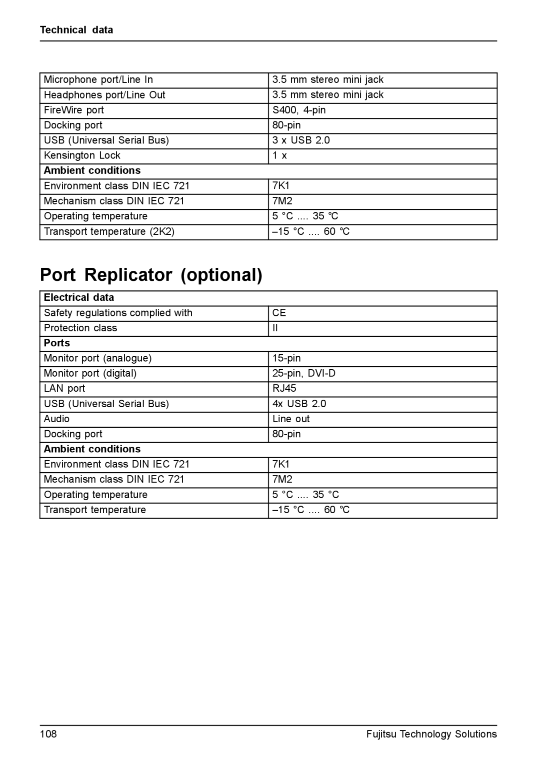 Fujitsu T4410, T4310 manual Port Replicator optional, Technical data, Ambient conditions 