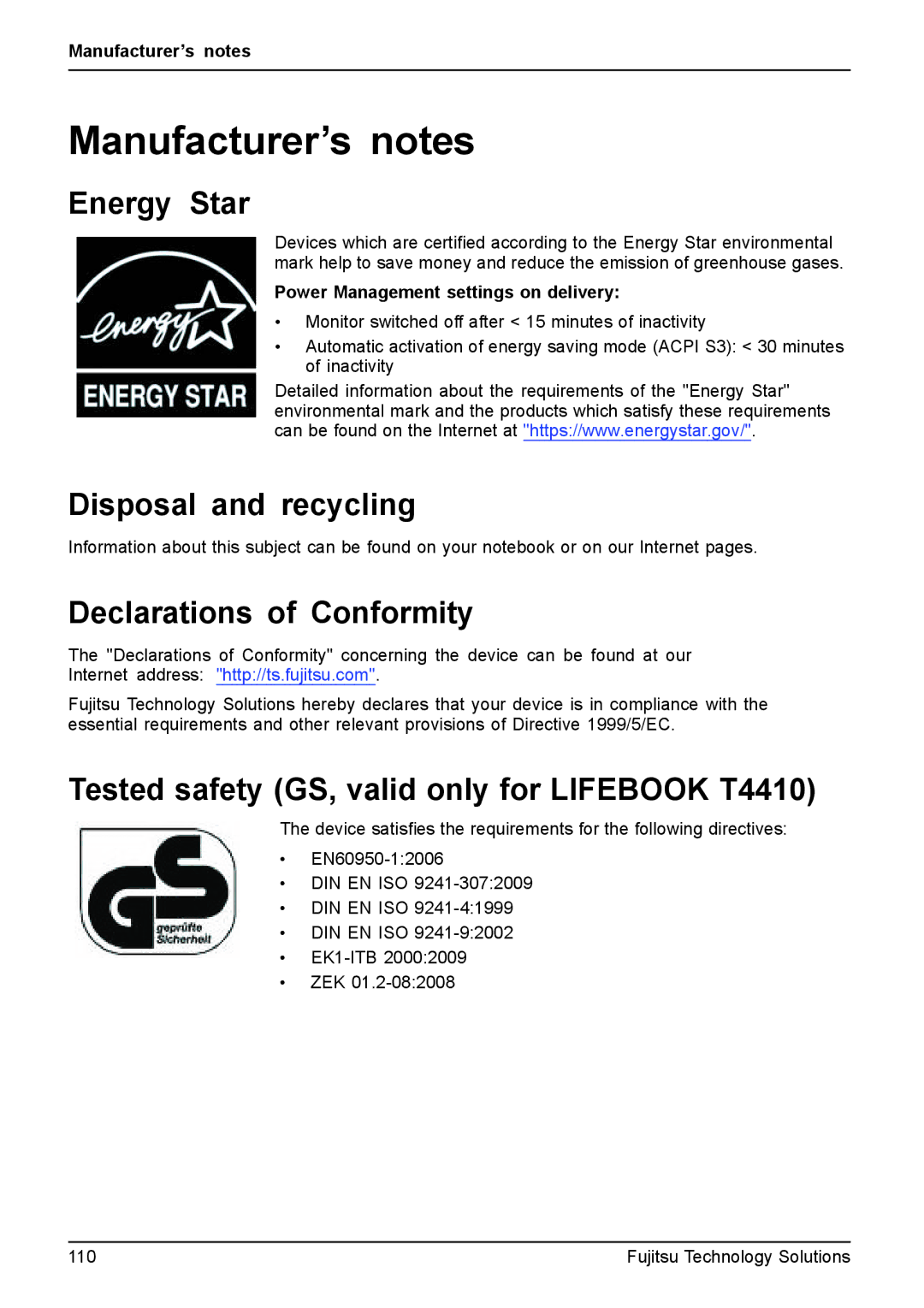 Fujitsu T4410, T4310 manual Manufacturer’s notes, Energy Star, Disposal and recycling, Declarations of Conformity 