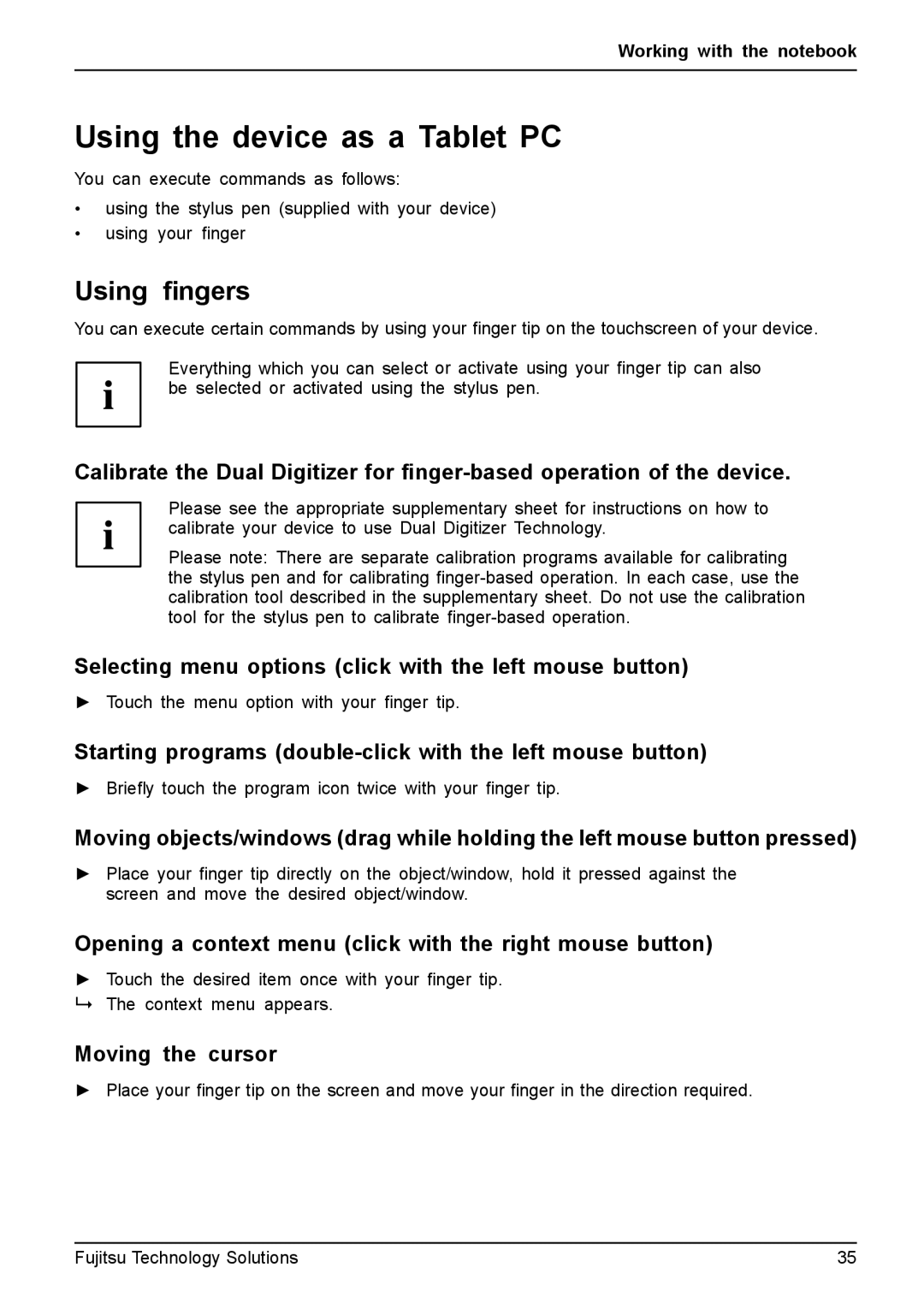 Fujitsu T4310, T4410 manual Using the device as a Tablet PC, Using ﬁngers 