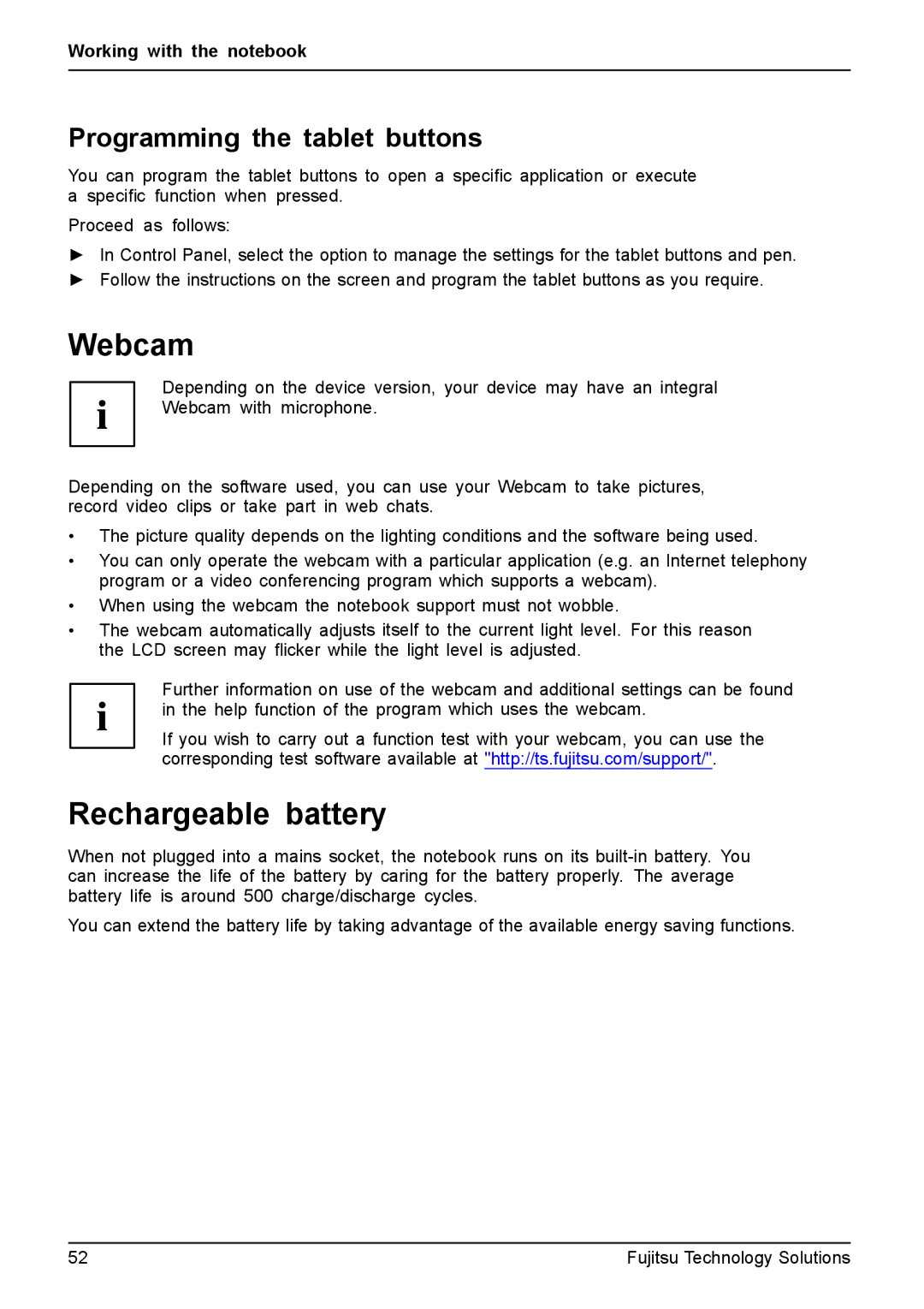 Fujitsu T4410, T4310 manual Webcam, Rechargeable battery, Programming the tablet buttons 