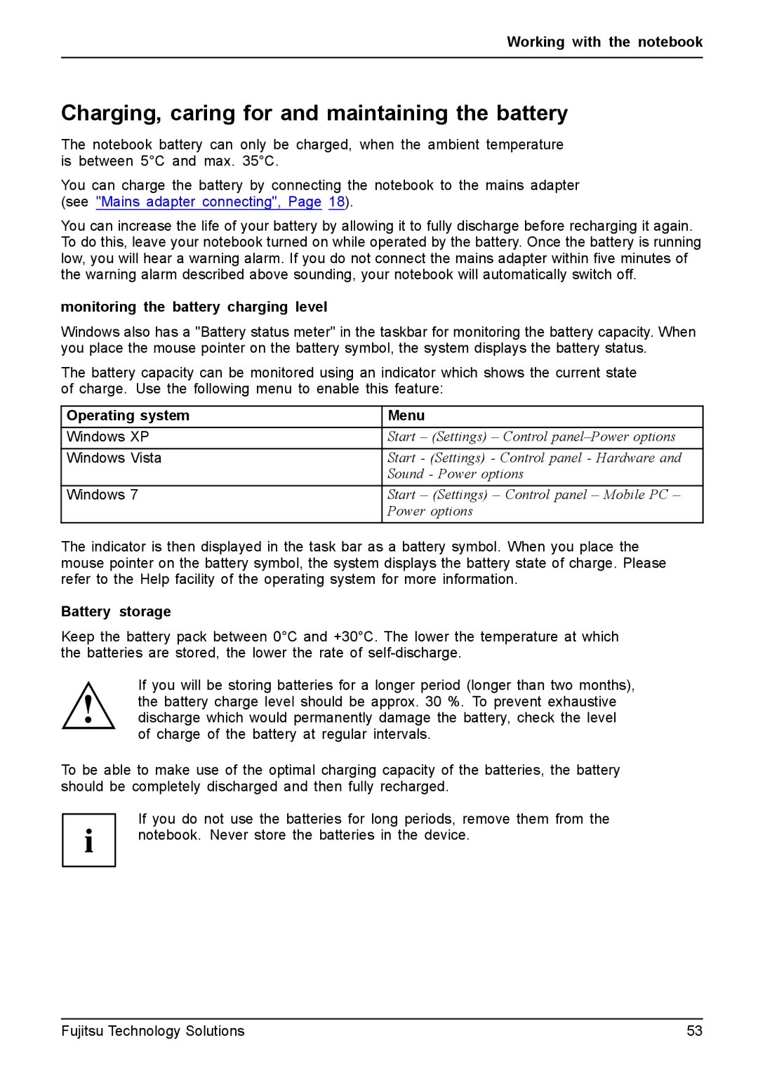 Fujitsu T4310 Charging, caring for and maintaining the battery, Monitoring the battery charging level, Battery storage 